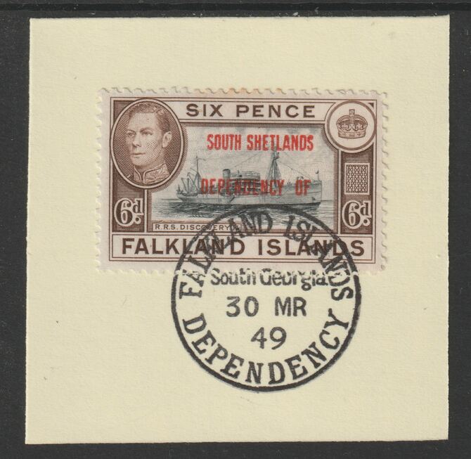 Falkland Islands Dependencies - South Shetlands 1944 overprint on KG6 Pictorial 6d (SG D6) on piece with full strike of Madame Joseph forged postmark type 158, stamps on , stamps on  kg6 , stamps on forgery, stamps on 