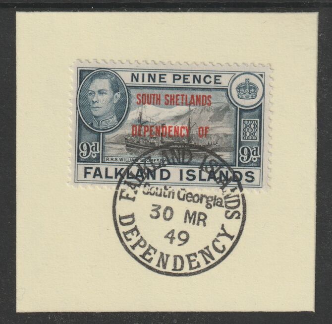 Falkland Islands Dependencies - South Shetlands 1944 overprint on KG6 Pictorial 9d (SG D7) on piece with full strike of Madame Joseph forged postmark type 158, stamps on , stamps on  kg6 , stamps on forgery, stamps on 