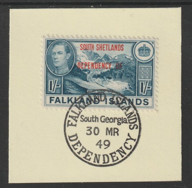 Falkland Islands Dependencies - South Shetlands 1944 overprint on KG6 Pictorial 1s (SG D8) on piece with full strike of Madame Joseph forged postmark type 158, stamps on , stamps on  stamps on , stamps on  stamps on  kg6 , stamps on  stamps on forgery, stamps on  stamps on 
