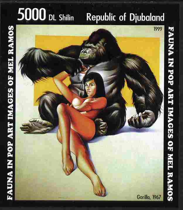 Djubaland Republic 1999 Fauna in Pop Art Images of Mel Ramos #2 imperf s/sheet (Gorilla) unmounted mint, stamps on arts, stamps on nudes, stamps on animals, stamps on apes, stamps on 