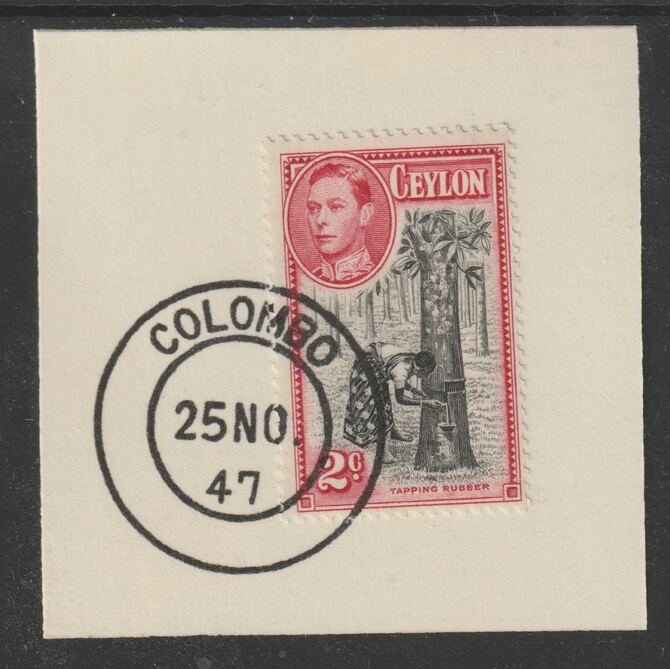Ceylon 1938-49 KG6 Tapping Rubber 2c on piece with full strike of Madame Joseph forged postmark type 122, stamps on trees, stamps on rubber, stamps on  kg6 , stamps on , stamps on forgeries