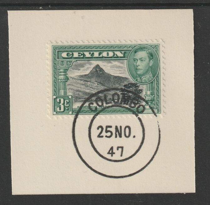 Ceylon 1938-49 KG6 Adam's Peak 3c on piece with full strike of Madame Joseph forged postmark type 122, stamps on , stamps on  kg6 , stamps on tourism, stamps on forgeries