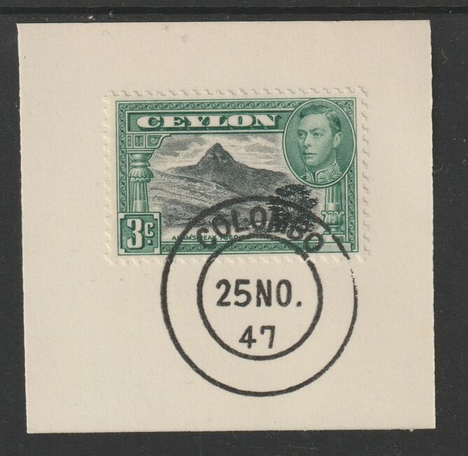 Ceylon 1938-49 KG6 Adams Peak 3c on piece with full strike of Madame Joseph forged postmark type 122, stamps on , stamps on  kg6 , stamps on tourism, stamps on forgeries