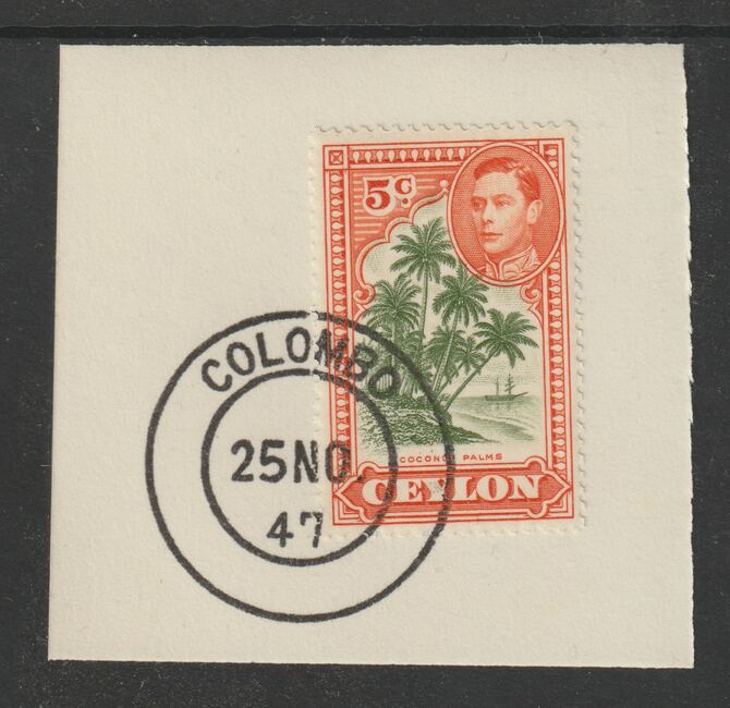 Ceylon 1938-49 KG6 Coconut Palms 5c on piece with full strike of Madame Joseph forged postmark type 122, stamps on , stamps on  stamps on , stamps on  stamps on  kg6 , stamps on  stamps on trees, stamps on  stamps on forgeries