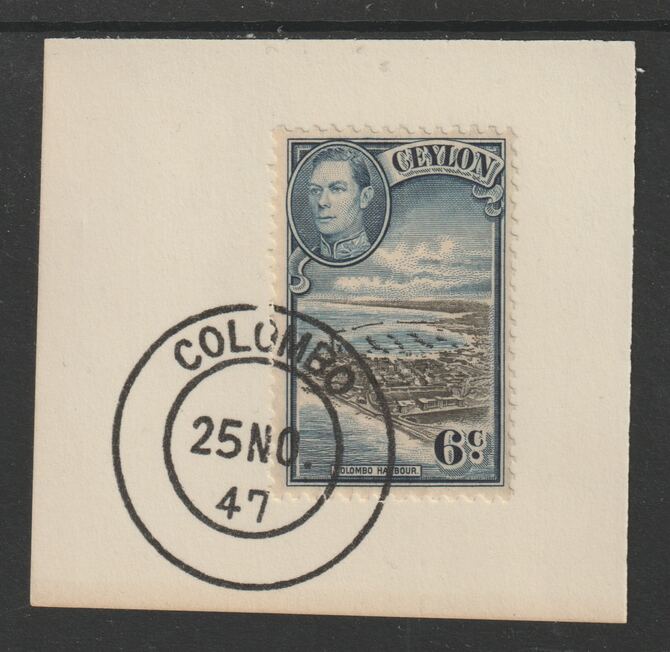 Ceylon 1938-49 KG6 Colombo Harbour 6c on piece with full strike of Madame Joseph forged postmark type 122, stamps on harbours, stamps on  kg6 , stamps on , stamps on forgeries
