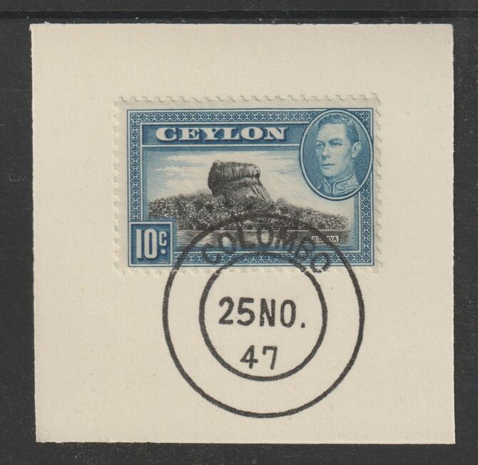 Ceylon 1938-49 KG6 Sigiriya (Lion Rock) 10c on piece with full strike of Madame Joseph forged postmark type 122, stamps on , stamps on  kg6 , stamps on rocks, stamps on tourism, stamps on forgeries