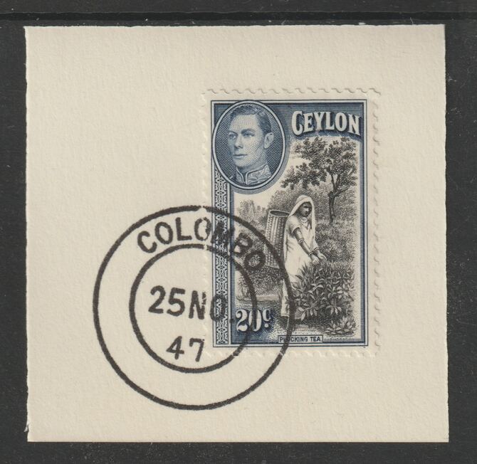 Ceylon 1938-49 KG6 Plucking Tea 20c on piece with full strike of Madame Joseph forged postmark type 122, stamps on , stamps on  kg6 , stamps on  tea , stamps on , stamps on forgeries