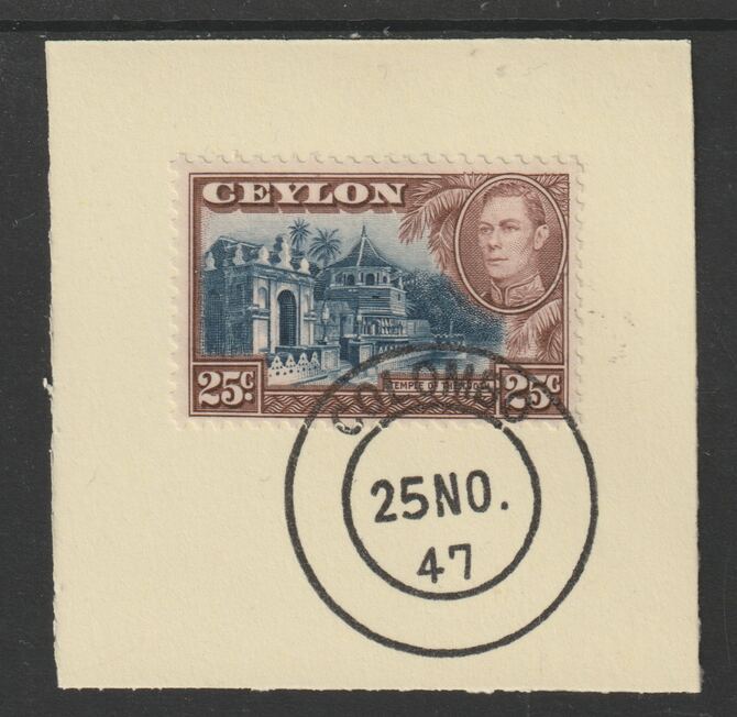 Ceylon 1938-49 KG6 Temple of the Tooth 25c on piece with full strike of Madame Joseph forged postmark type 122, stamps on , stamps on  kg6 , stamps on temples, stamps on churches, stamps on dental, stamps on forgeries