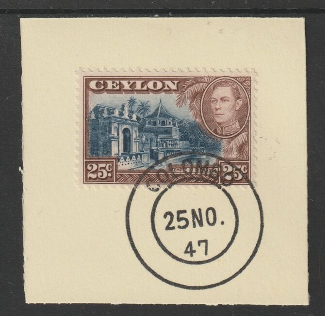 Ceylon 1938-49 KG6 Temple of the Tooth 25c on piece with full strike of Madame Joseph forged postmark type 122, stamps on , stamps on  stamps on , stamps on  stamps on  kg6 , stamps on  stamps on temples, stamps on  stamps on churches, stamps on  stamps on dental, stamps on  stamps on forgeries