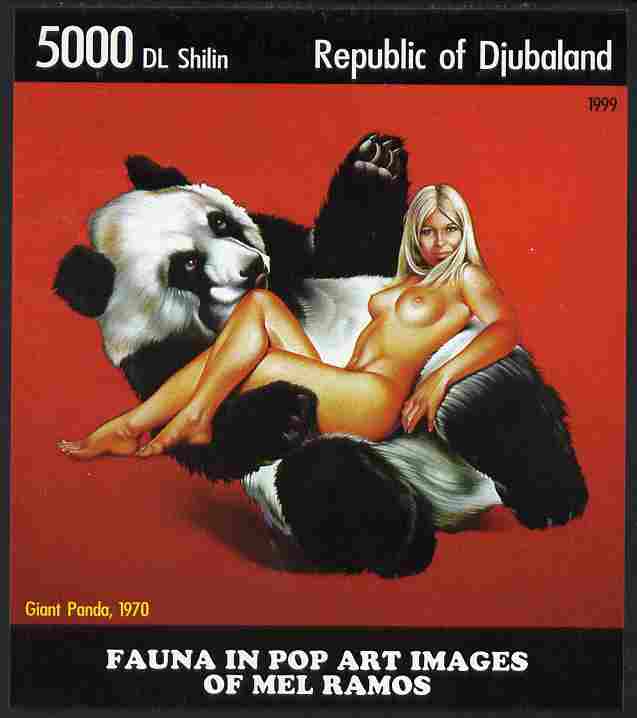 Djubaland Republic 1999 Fauna in Pop Art Images of Mel Ramos #3 imperf s/sheet (Giant Panda) unmounted mint, stamps on arts, stamps on nudes, stamps on animals, stamps on pandas, stamps on bears