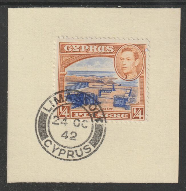 Cyprus 1938-51 KG6 Vouni Palace 1/4pi ultramarine & orange-brown SG151 on piece with full strike of Madame Joseph forged postmark type 137, stamps on , stamps on  kg6 , stamps on ruins