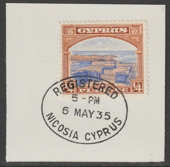 Cyprus 1934 KG5 Youni Palace 1/4pi ultramarine & orange-brown SG133 on piece with full strike of Madame Joseph forged postmark type 132, stamps on , stamps on  kg5 , stamps on ruins