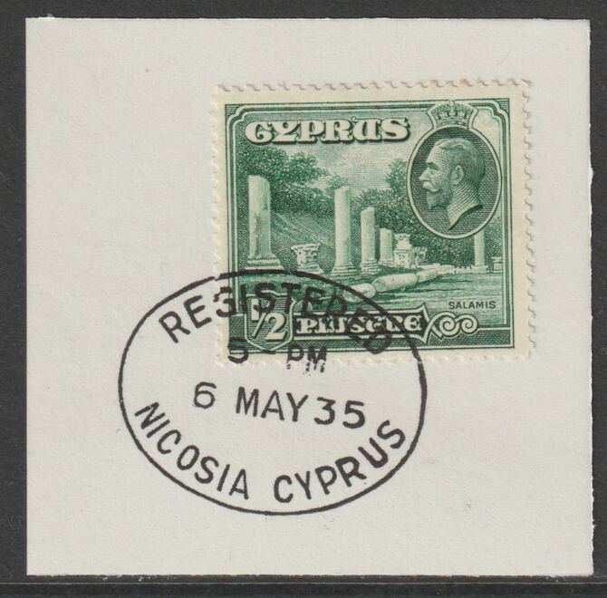 Cyprus 1934 KG5 Small Marble Forum 1/2pi green SG134 on piece with full strike of Madame Joseph forged postmark type 137, stamps on , stamps on  kg5 , stamps on ruins