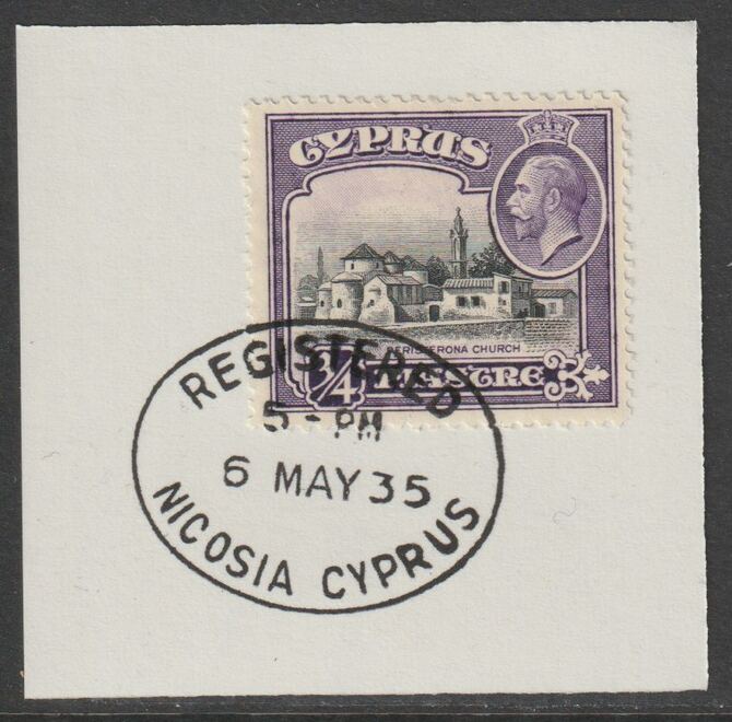 Cyprus 1934 KG5 Church of St Barnabas 3/4pi black & violet SG135 on piece with full strike of Madame Joseph forged postmark type 132, stamps on , stamps on  stamps on , stamps on  stamps on  kg5 , stamps on  stamps on churches