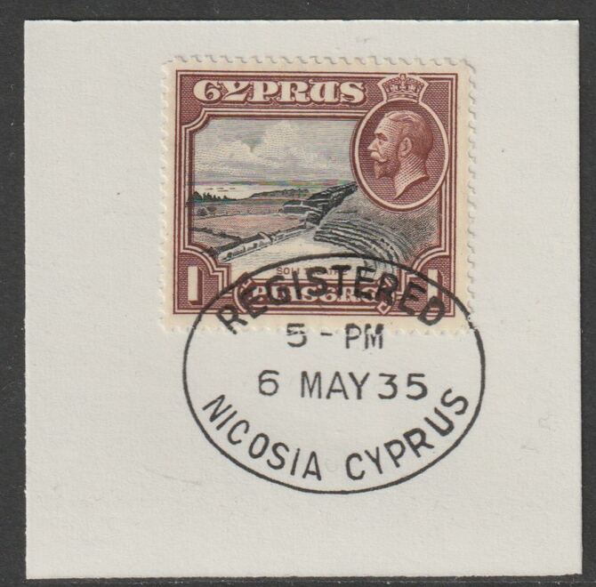 Cyprus 1934 KG5 Roman Theatre 1pi black & reddish-brown SG136 on piece with full strike of Madame Joseph forged postmark type 132, stamps on , stamps on  kg5 , stamps on ruins