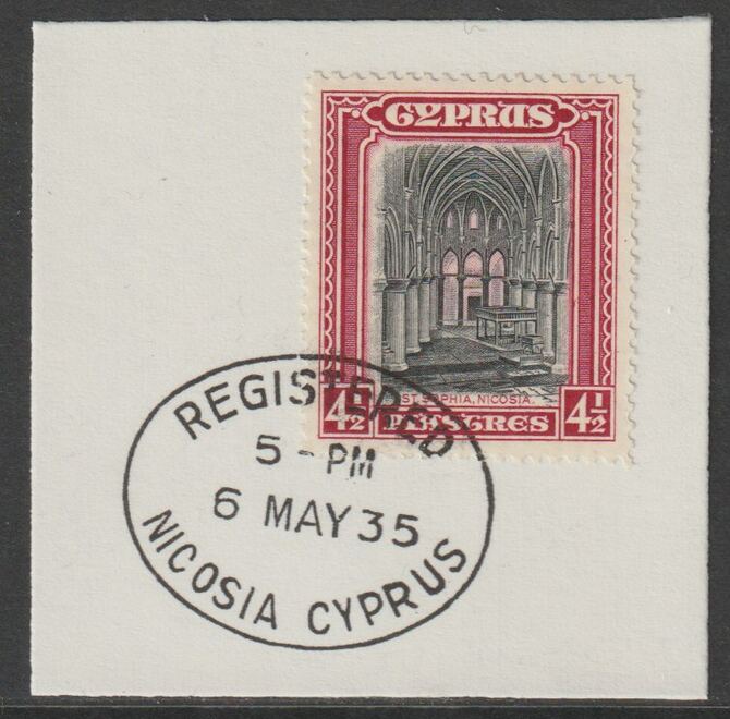 Cyprus 1934 KG5 St Sophia Cathedral 4.5pi black & crimson SG139 on piece with full strike of Madame Joseph forged postmark type 132, stamps on , stamps on  stamps on , stamps on  stamps on  kg5 , stamps on  stamps on cathedrals