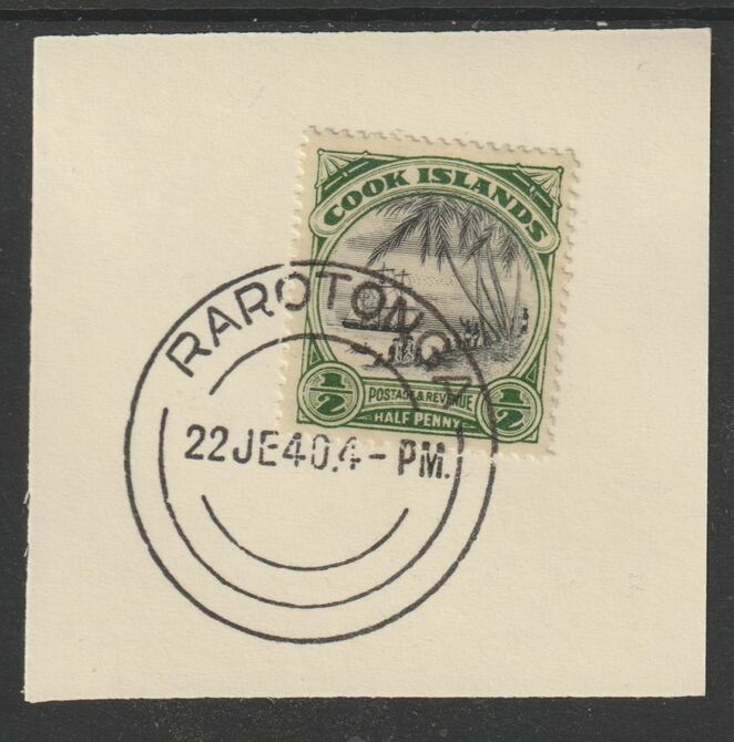 Cook Islands 1932 def 1/2d Cook Landing (SG99) on piece cancelled with full strike of Madame Joseph forged postmark type 127, stamps on explorers, stamps on cook, stamps on  kg5 , stamps on forgeries