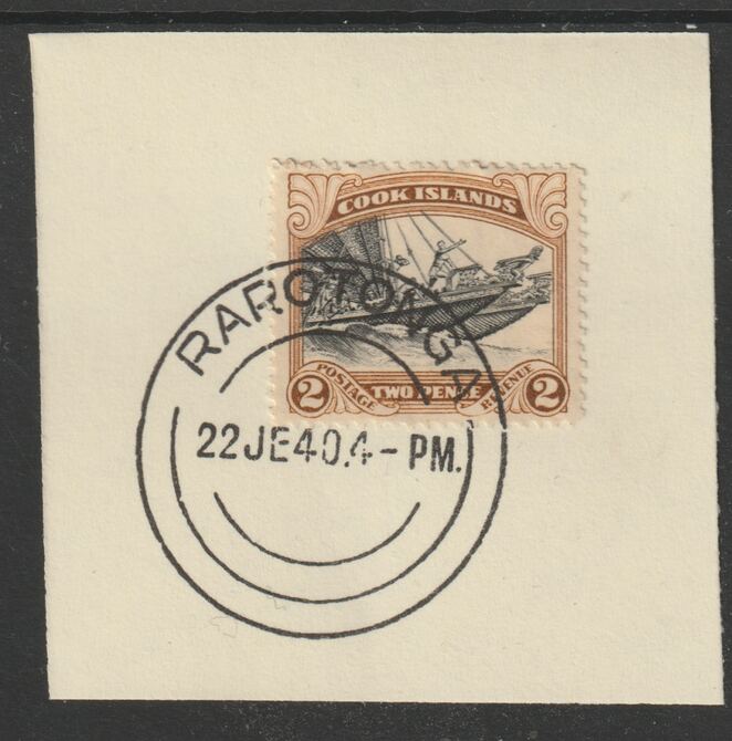 Cook Islands 1932 def 2d Maori Canoe (SG101) on piece cancelled with full strike of Madame Joseph forged postmark type 127, stamps on canoes, stamps on  kg5 , stamps on forgeries