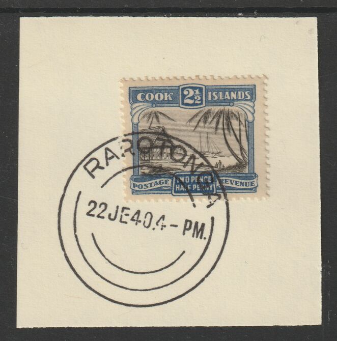 Cook Islands 1932 def 2.5d Working Cargo(SG102) on piece cancelled with full strike of Madame Joseph forged postmark type 127, stamps on canoes, stamps on  kg5 , stamps on forgeries