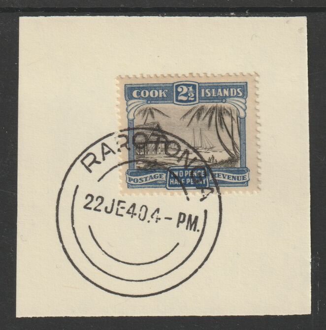 Cook Islands 1932 def 2.5d Working Cargo(SG102) on piece cancelled with full strike of Madame Joseph forged postmark type 127, stamps on , stamps on  stamps on canoes, stamps on  stamps on  kg5 , stamps on  stamps on forgeries