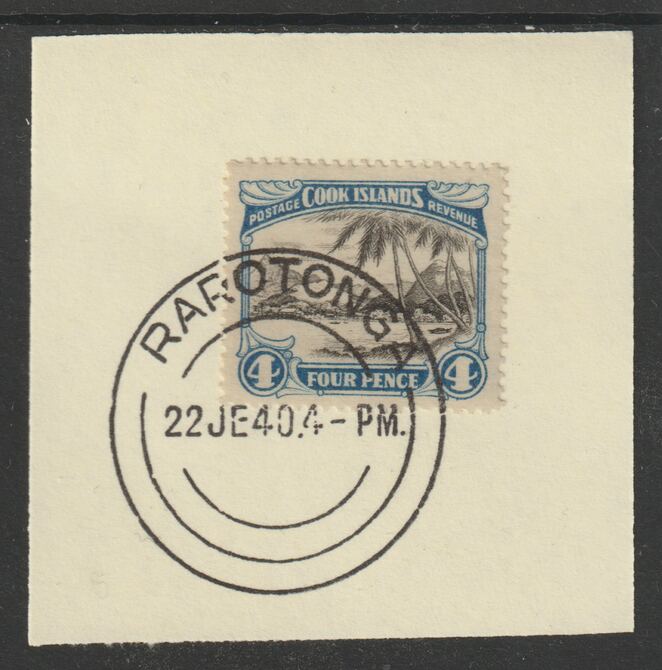 Cook Islands 1932 def 4d Port of Avarua (SG103) on piece cancelled with full strike of Madame Joseph forged postmark type 127, stamps on ports, stamps on  kg5 , stamps on forgeries