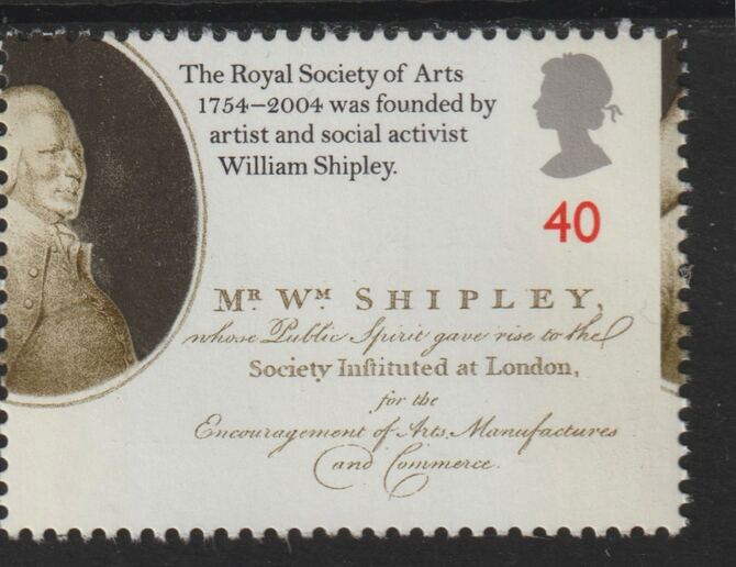 Great Britain 2004 Royal Society of Arts 40p William Shipley with fine shift of vertical perforations, unmounted mint, SG 2474var, stamps on 