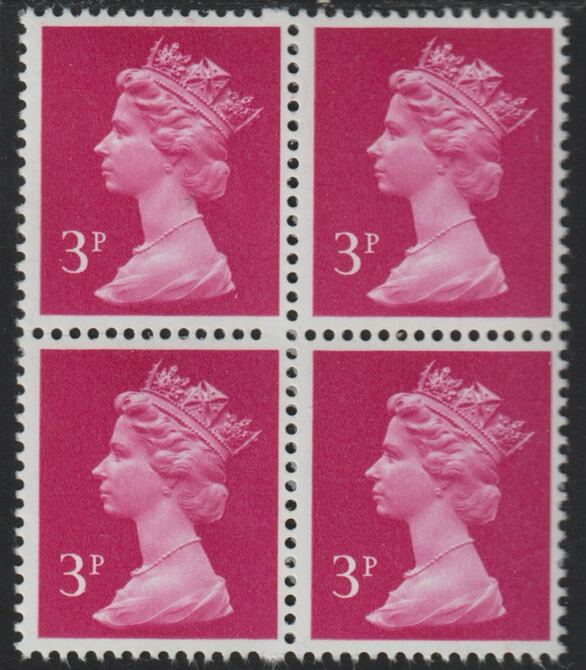 Great Britain 1971-96 Machin 3p bright magenta  unmounted mint block of 4 with blind perf every horiz row due to a broken perf pin, stamps on 
