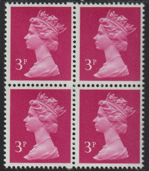 Great Britain 1971-96 Machin 3p bright magenta  unmounted mint block of 4 with blind perf every horiz row due to a broken perf pin, stamps on , stamps on  stamps on 