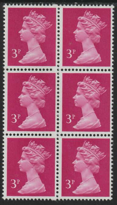 Great Britain 1971-96 Machin 3p bright magenta  unmounted mint block of 6 with blind perf every horiz row due to a broken perf pin, stamps on 