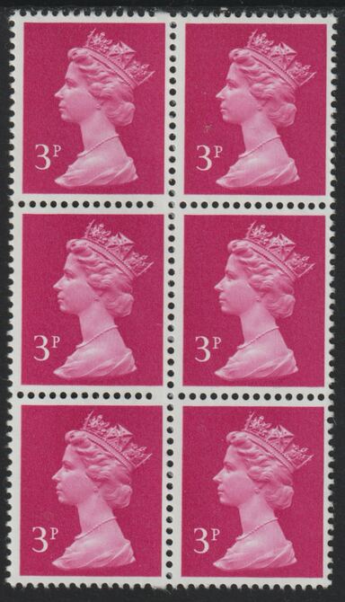 Great Britain 1971-96 Machin 3p bright magenta  unmounted mint block of 6 with blind perf every horiz row due to a broken perf pin, stamps on , stamps on  stamps on 