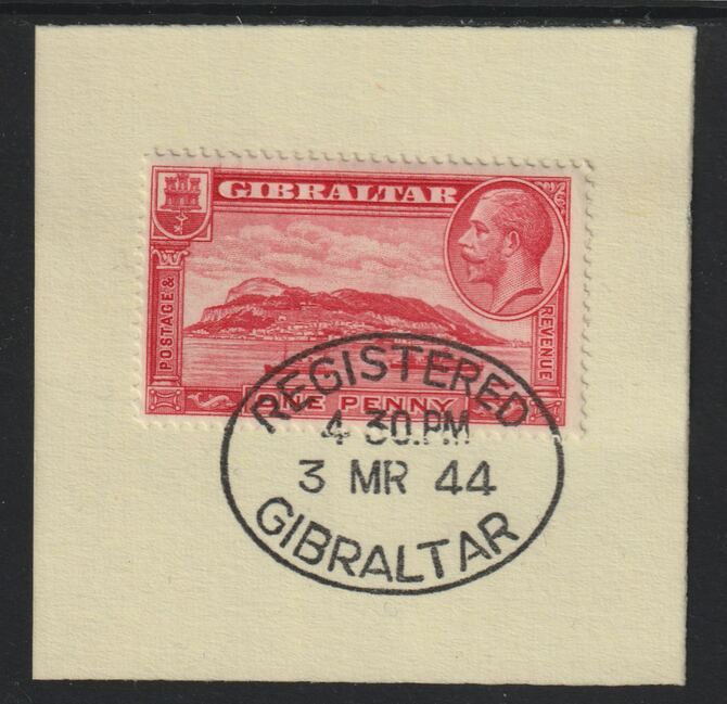 Gibraltar 1931-33 KG5 Rock 1d scarlet (SG 110) on piece with full strike of Madame Joseph forged postmark type 188, stamps on , stamps on  kg5 , stamps on forgeries