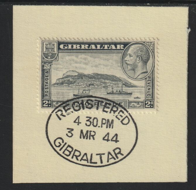 Gibraltar 1931-33 KG5 Rock 2d pale grey (SG 112) on piece with full strike of Madame Joseph forged postmark type 188, stamps on , stamps on  kg5 , stamps on forgeries