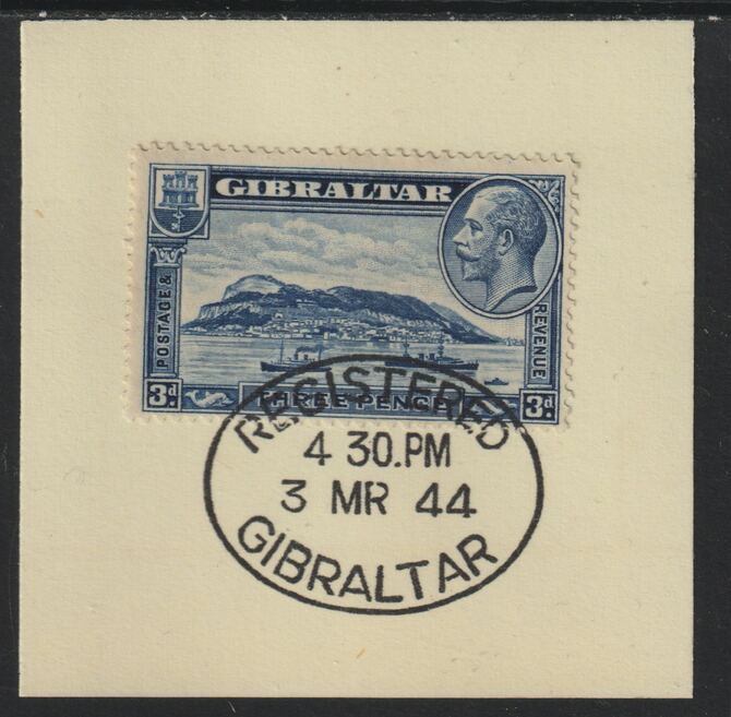 Gibraltar 1931-33 KG5 Rock 3d blue (SG 113) on piece with full strike of Madame Joseph forged postmark type 188, stamps on , stamps on  kg5 , stamps on forgeries