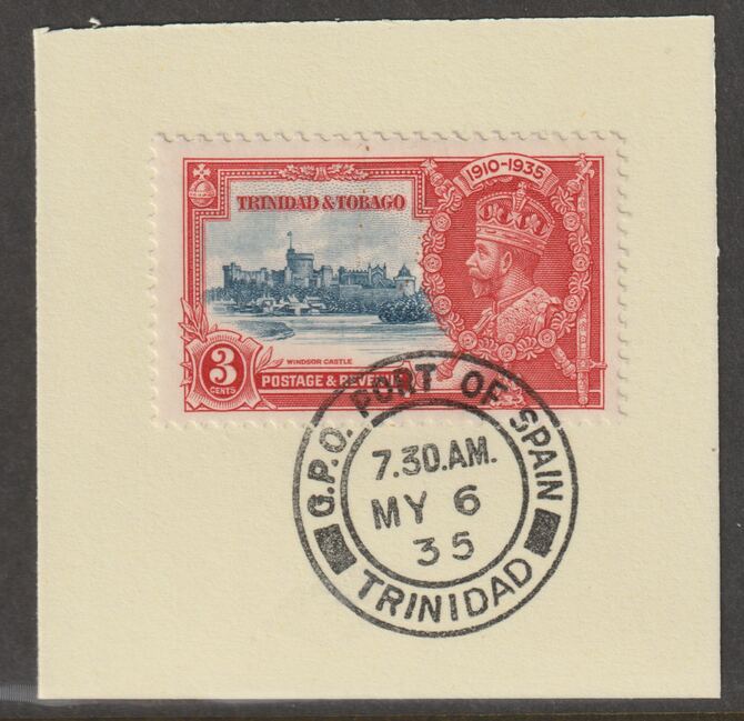 Trinidad & Tobago 1935 KG5 Silver Jubilee 3c (SG 240) on piece with full strike of Madame Joseph forged postmark type 421 (First day of issue), stamps on , stamps on  stamps on , stamps on  stamps on  kg5 , stamps on  stamps on silver jubilee, stamps on  stamps on castles
