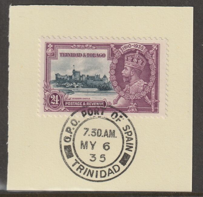 Trinidad & Tobago 1935 KG5 Silver Jubilee 24c (SG 242) on piece with full strike of Madame Joseph forged postmark type 421 (First day of issue), stamps on , stamps on  kg5 , stamps on silver jubilee, stamps on castles