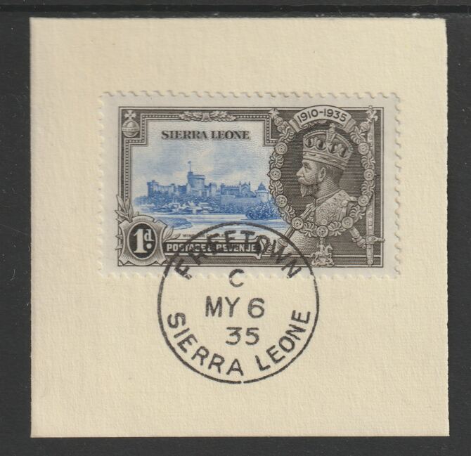 Sierra Leone 1935 KG5 Silver Jubilee 1d (SG 181) on piece with full strike of Madame Joseph forged postmark type 393 (First day of issue), stamps on , stamps on  stamps on , stamps on  stamps on  kg5 , stamps on  stamps on silver jubilee, stamps on  stamps on castles