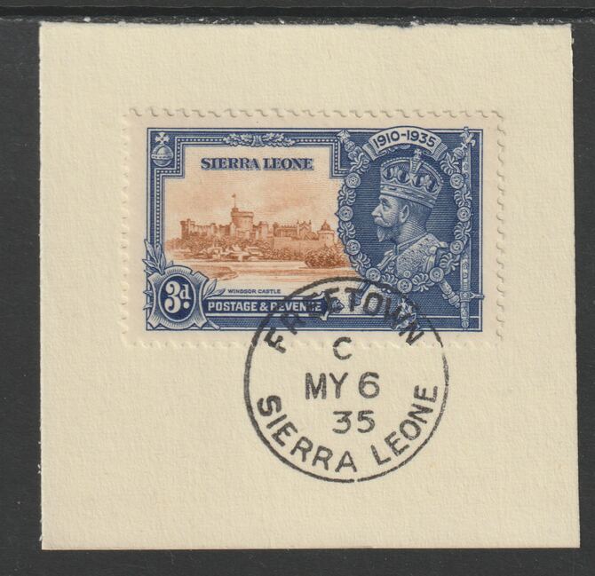 Sierra Leone 1935 KG5 Silver Jubilee 3d (SG 182) on piece with full strike of Madame Joseph forged postmark type 393 (First day of issue), stamps on , stamps on  kg5 , stamps on silver jubilee, stamps on castles