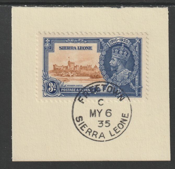 Sierra Leone 1935 KG5 Silver Jubilee 3d (SG 182) on piece with full strike of Madame Joseph forged postmark type 393 (First day of issue), stamps on , stamps on  stamps on , stamps on  stamps on  kg5 , stamps on  stamps on silver jubilee, stamps on  stamps on castles