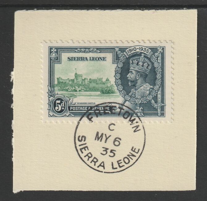 Sierra Leone 1935 KG5 Silver Jubilee 5d (SG 183) on piece with full strike of Madame Joseph forged postmark type 393 (First day of issue), stamps on , stamps on  stamps on , stamps on  stamps on  kg5 , stamps on  stamps on silver jubilee, stamps on  stamps on castles