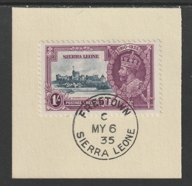 Sierra Leone 1935 KG5 Silver Jubilee 1s (SG 184) on piece with full strike of Madame Joseph forged postmark type 393 (First day of issue), stamps on , stamps on  stamps on , stamps on  stamps on  kg5 , stamps on  stamps on silver jubilee, stamps on  stamps on castles