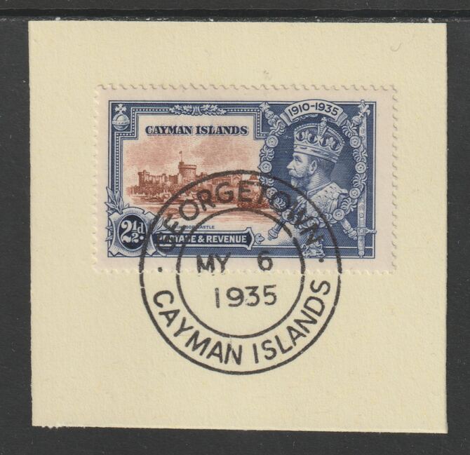 Cayman Islands 1935 KG5 Silver Jubilee 2.5d (SG 109) on piece with full strike of Madame Joseph forged postmark type 114 (First day of issue), stamps on , stamps on  stamps on , stamps on  stamps on  kg5 , stamps on  stamps on silver jubilee, stamps on  stamps on castles
