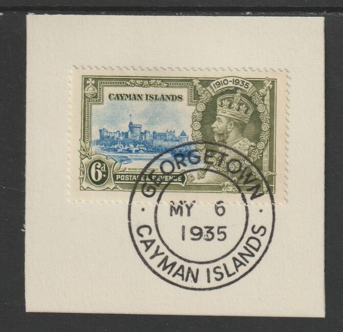 Cayman Islands 1935 KG5 Silver Jubilee 6d (SG 110) on piece with full strike of Madame Joseph forged postmark type 114 (First day of issue), stamps on , stamps on  kg5 , stamps on silver jubilee, stamps on castles
