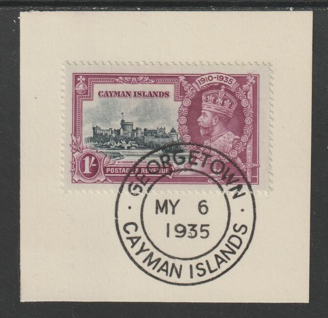 Cayman Islands 1935 KG5 Silver Jubilee 1s (SG 111) on piece with full strike of Madame Joseph forged postmark type 114 (First day of issue), stamps on , stamps on  stamps on , stamps on  stamps on  kg5 , stamps on  stamps on silver jubilee, stamps on  stamps on castles