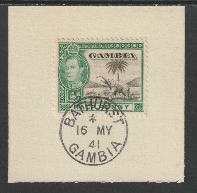 Gambia 1938-46 KG6 Elephant & Palm 1/2d on piece with full strike of Madame Joseph forged postmark type 174, stamps on , stamps on  stamps on elephants, stamps on  stamps on  kg6 , stamps on  stamps on trees, stamps on  stamps on forgeries