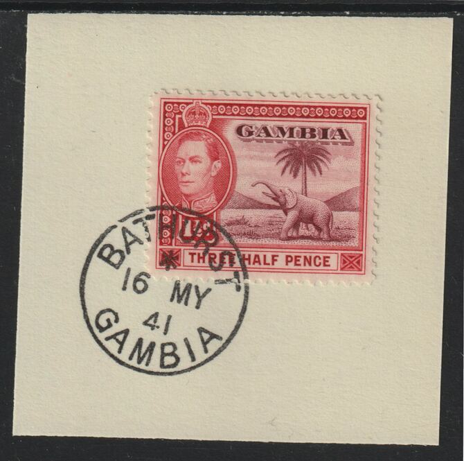 Gambia 1938-46 KG6 Elephant & Palm 1.5d brown-lake & vermilion on piece with full strike of Madame Joseph forged postmark type 174, stamps on elephants, stamps on  kg6 , stamps on trees, stamps on forgeries