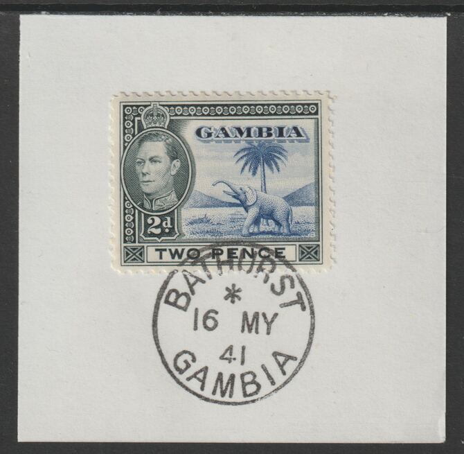 Gambia 1938-46 KG6 Elephant & Palm 2d blue & black on piece with full strike of Madame Joseph forged postmark type 174, stamps on elephants, stamps on  kg6 , stamps on trees, stamps on forgeries