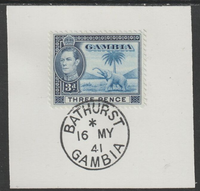 Gambia 1938-46 KG6 Elephant & Palm 3d on piece with full strike of Madame Joseph forged postmark type 174, stamps on elephants, stamps on  kg6 , stamps on trees, stamps on forgeries