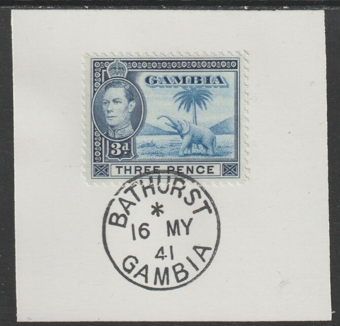 Gambia 1938-46 KG6 Elephant & Palm 3d on piece with full strike of Madame Joseph forged postmark type 174, stamps on , stamps on  stamps on elephants, stamps on  stamps on  kg6 , stamps on  stamps on trees, stamps on  stamps on forgeries