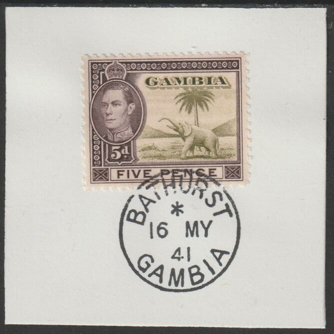 Gambia 1938-46 KG6 Elephant & Palm 5d on piece with full strike of Madame Joseph forged postmark type 174, stamps on , stamps on  stamps on elephants, stamps on  stamps on  kg6 , stamps on  stamps on trees, stamps on  stamps on forgeries