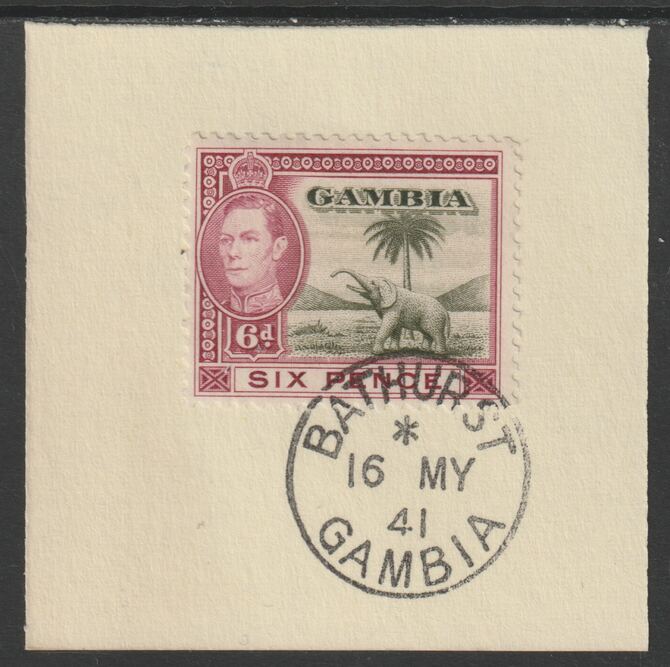 Gambia 1938-46 KG6 Elephant & Palm 6d on piece with full strike of Madame Joseph forged postmark type 174, stamps on , stamps on  stamps on elephants, stamps on  stamps on  kg6 , stamps on  stamps on trees, stamps on  stamps on forgeries